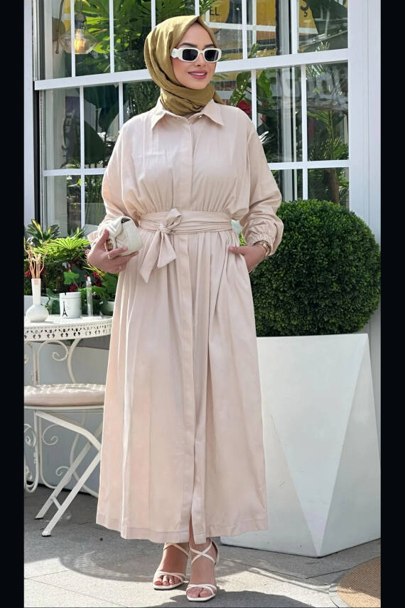 Mahza 101 Pamuk Kumaş 138 cm Maxi Elbise Bej - 1