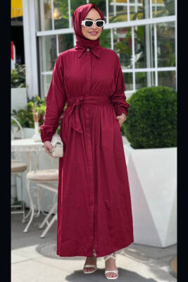 Mahza 101 Pamuk Kumaş 138 cm Maxi Elbise Bordo - Mahza