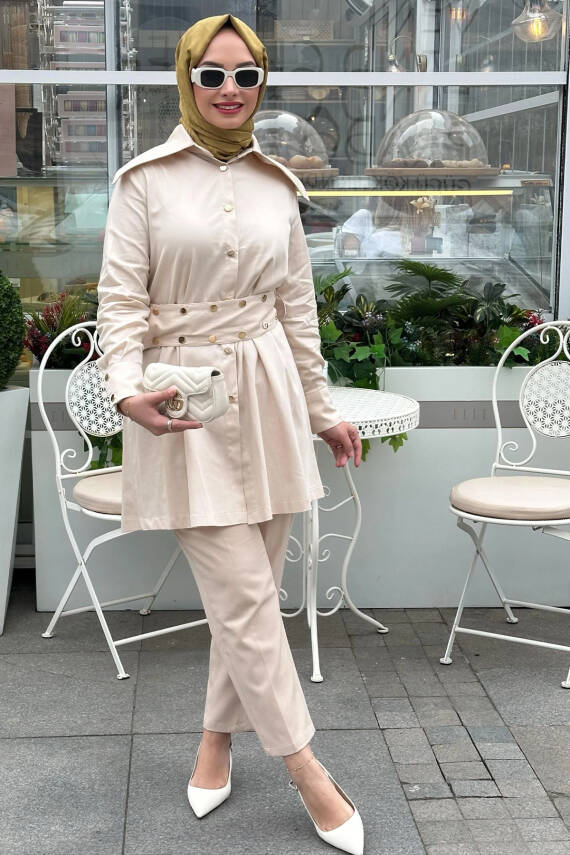 Mahza 102 Kemerli Pamuk Kumaş Tunik Bej - 1