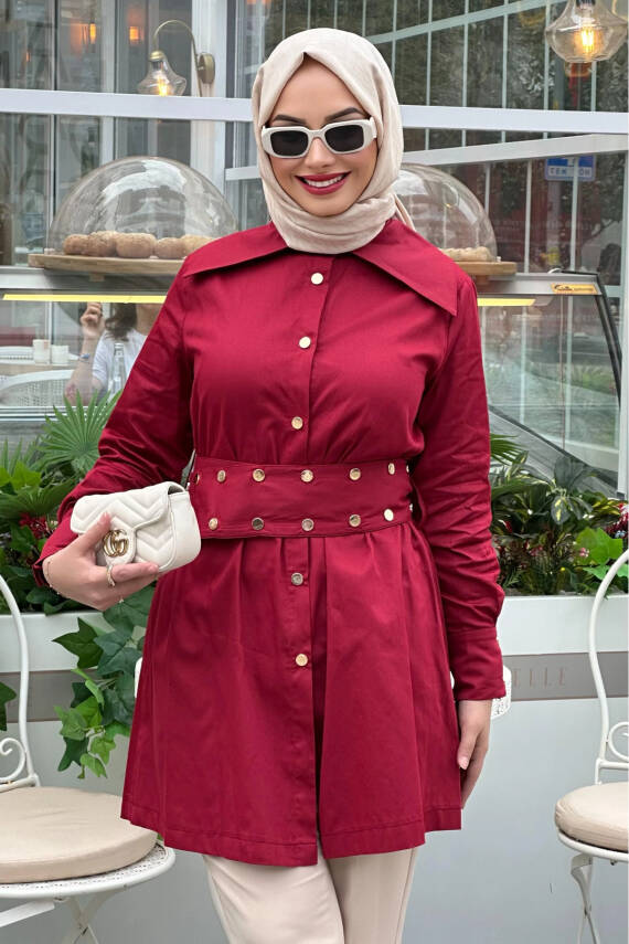 Mahza 102 Kemerli Pamuk Kumaş Tunik Bordo - 2