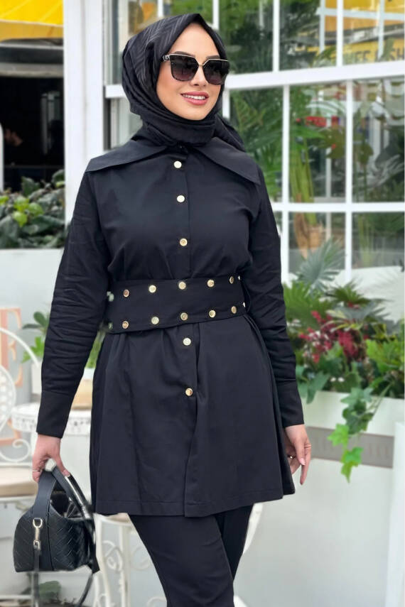 Mahza 102 Kemerli Pamuk Kumaş Tunik Siyah - 1