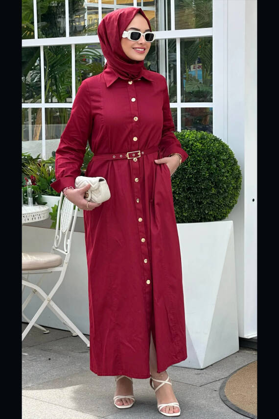 Mahza 103 Gold Düğmeli 138 cm Pamuk Kumaş Elbise Bordo - 1