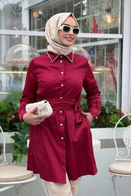 Mahza 104 Yakası Taşlı Rahat Kalıp Tunik Bordo - Mahza