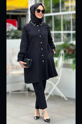 Mahza 104 Yakası Taşlı Rahat Kalıp Tunik Siyah - Mahza