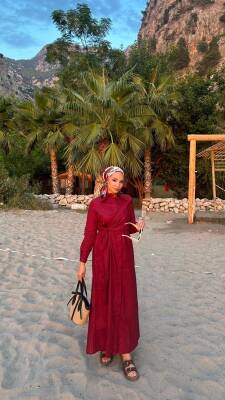 Mahza 1108 Pamuklu Kumaş Yan Bağlama Detaylı Önden Düğmeli Elbise Bordo - 2