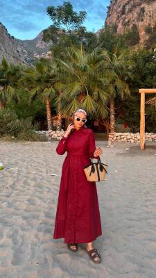 Mahza 1108 Pamuklu Kumaş Yan Bağlama Detaylı Önden Düğmeli Elbise Bordo - 4