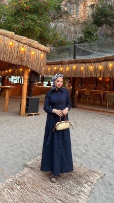 Mahza 1108 Pamuklu Kumaş Yan Bağlama Detaylı Önden Düğmeli Elbise Lacivert - Mahza