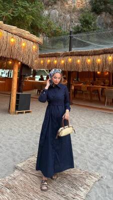 Mahza 1108 Pamuklu Kumaş Yan Bağlama Detaylı Önden Düğmeli Elbise Lacivert - 3