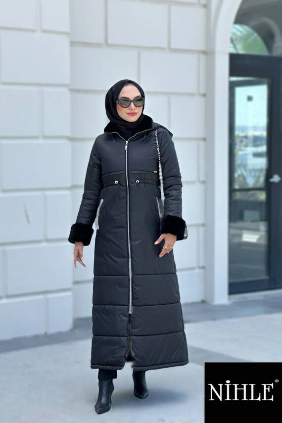 Mahza 4559 Yaka ve Kolları Kürklü Çıkarılabilir Kapüşonlu 135 cm Su Geçirmez Mont Siyah - 1