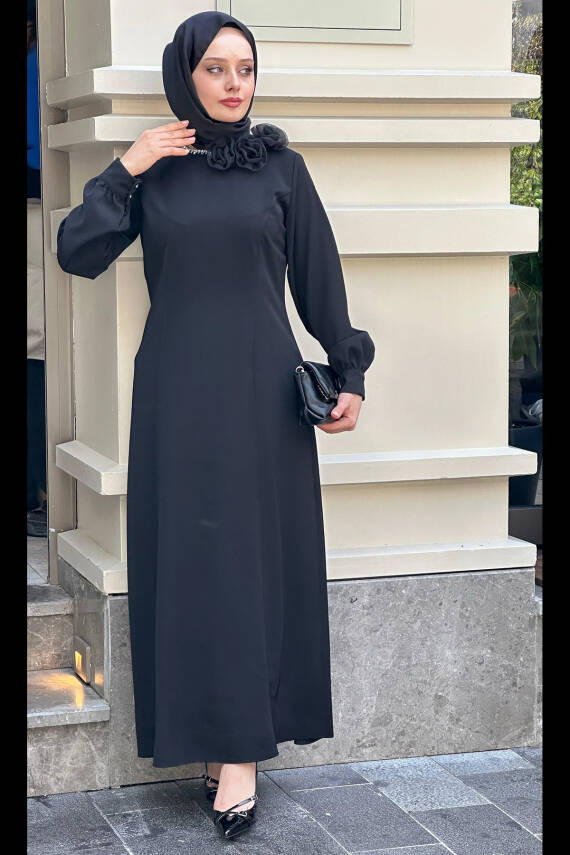 Mahza 5215 Yakası Taş Detaylı Çıkarılabilir Gül Broşlu Abiye Elbise Siyah - 2