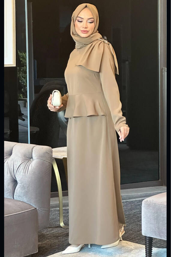 Mahza 5216 Omuzu Taşlı Abiye Elbise Haki - 1