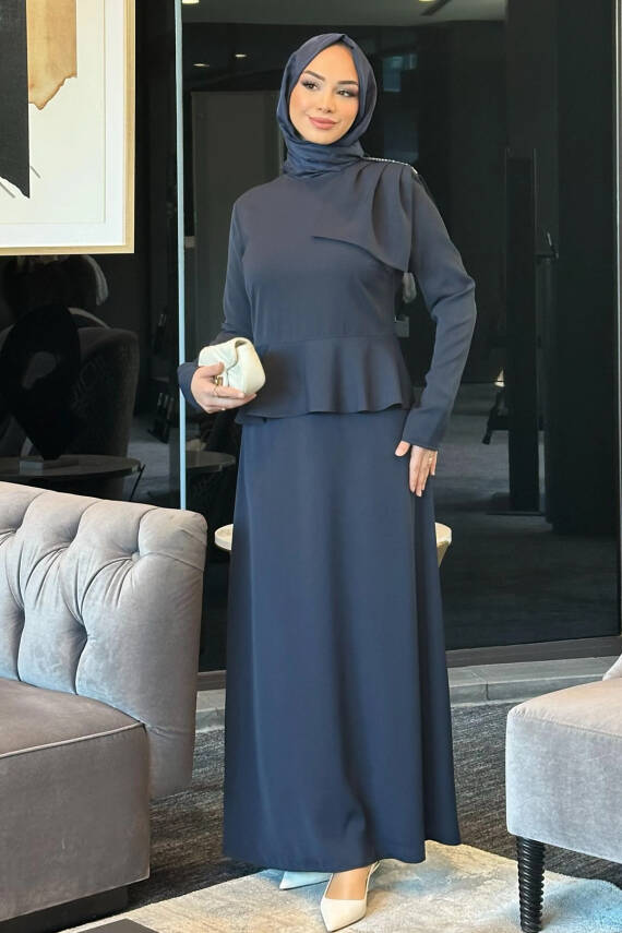 Mahza 5216 Omuzu Taşlı Abiye Elbise Lacivert - 1