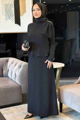 Mahza 5216 Omuzu Taşlı Abiye Elbise Siyah - Mahza