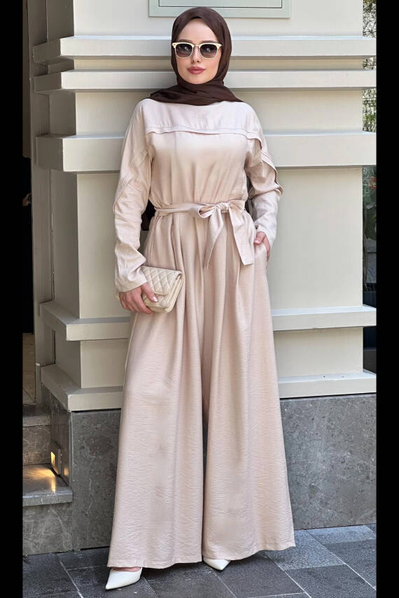 Mahza 5217 Spor Şık Bol Paça Tulum Bej - 1