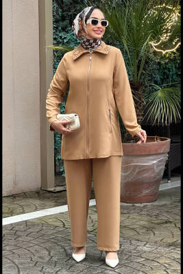 Mahza 8164 Yaka Dantel Detaylı Pantolon Takım Latte - Mahza