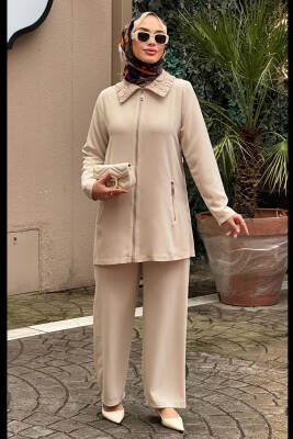 Mahza 8164 Yaka Dantel Detaylı Pantolon Takım Taş - Mahza