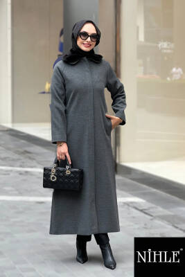 Mahza 7621 Yakası Kürklü 130 cm Büyük Beden Kaşe Kaban Antrasit - Mahza