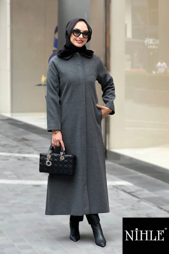 Mahza 7621 Yakası Kürklü 130 cm Büyük Beden Kaşe Kaban Antrasit - 1