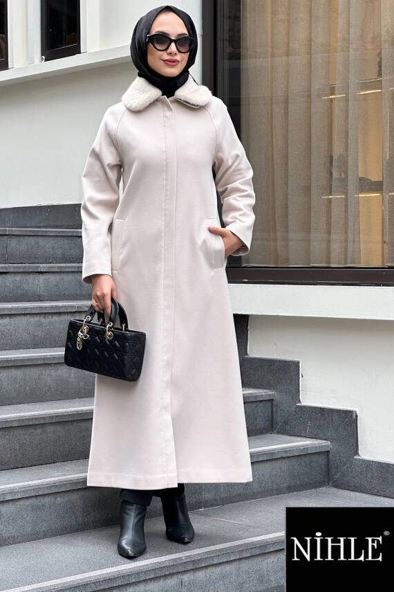 Mahza 7621 Yakası Kürklü 130 cm Büyük Beden Kaşe Kaban Bej - 1