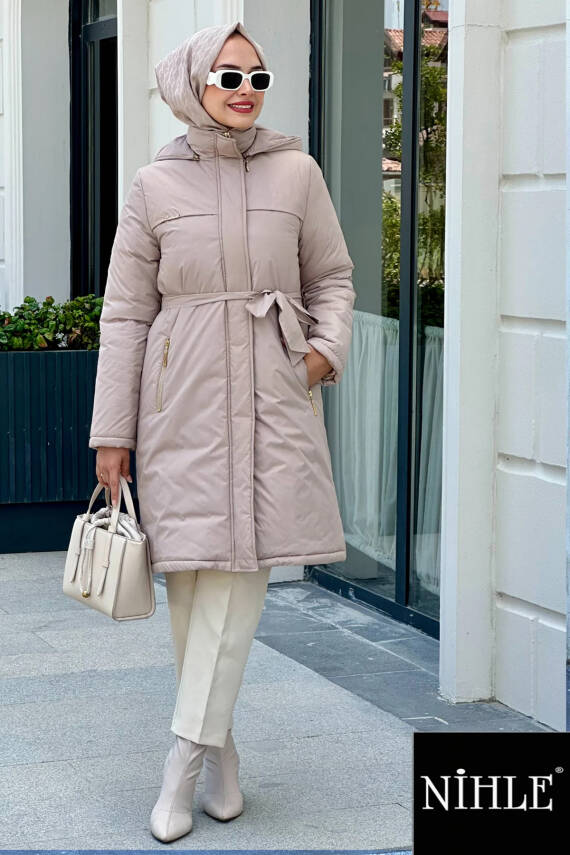 Mahza 7623 Su Geçirmez Kumaş 100 cm Fermuarlı Kışlık Mont Bej - 1