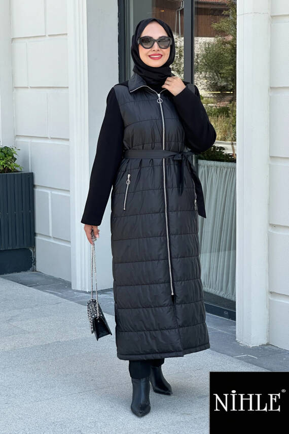 Mahza 7626 Kolları Scuba Kumaş Astarlı 130 cm Mevsimlik Kap Siyah - 1