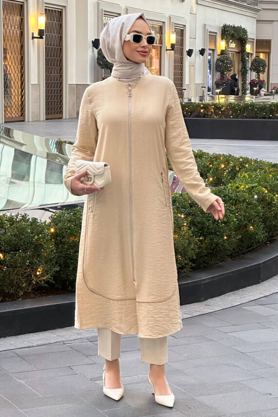 Mahza 7638 İlkbahar Yaz 120 cm Fermuarlı Kap Bej - 1