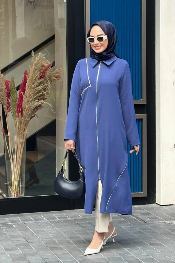 Mahza 7644 İpeksi Kumaş 120 cm Astarsız Giy Çık İlkbahar / Yaz Sezonu Kap Indigo - 1