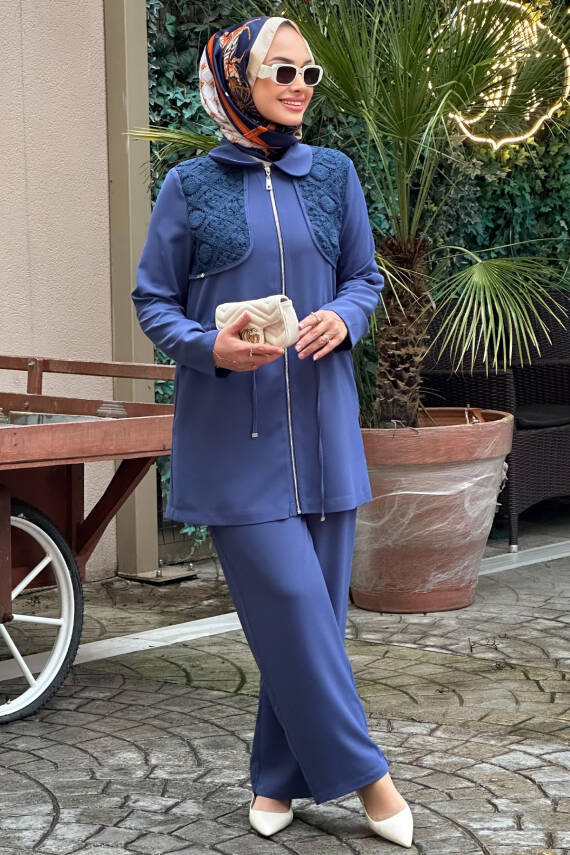 Mahza 8165 Dantel Detaylı Pantolon Takım Indigo - 1