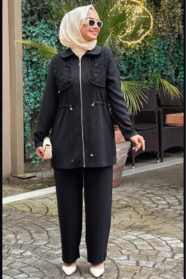 Mahza 8165 Dantel Detaylı Pantolon Takım Siyah - Mahza
