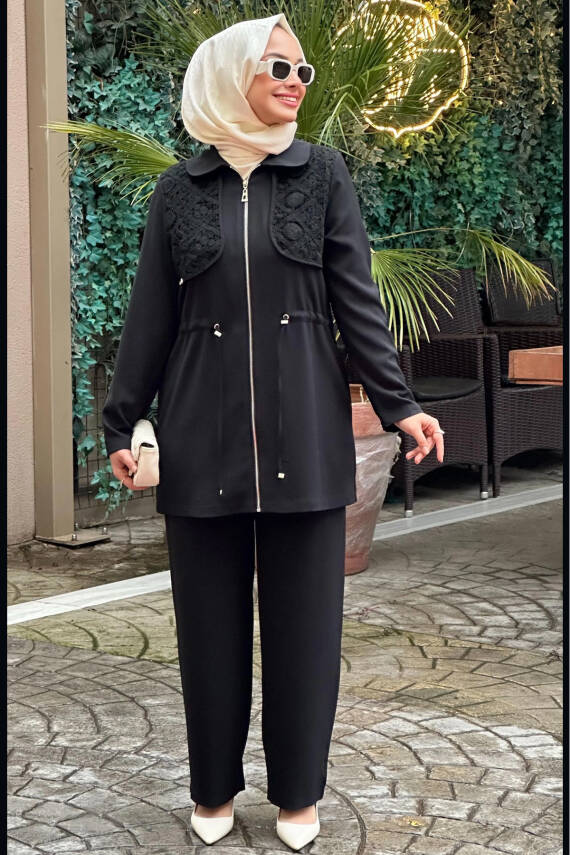 Mahza 8165 Dantel Detaylı Pantolon Takım Siyah - 1