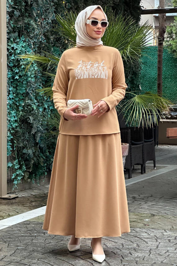 Mahza 8166 Baskı Detaylı Etek Takım Latte - 1