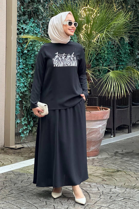 Mahza 8166 Baskı Detaylı Etek Takım Siyah - 1