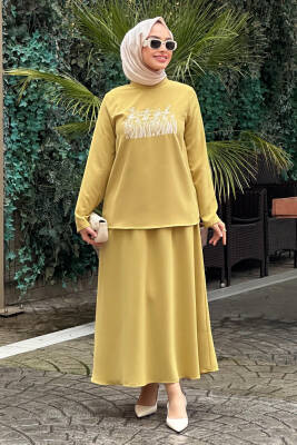 Mahza 8166 Baskı Detaylı Etek Takım Yağ Yeşili - Mahza