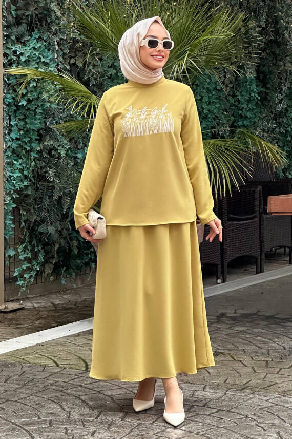 Mahza 8166 Baskı Detaylı Etek Takım Yağ Yeşili - 1