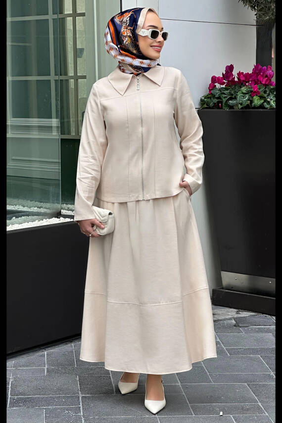 Mahza 8174 Modal Kumaş Etek Takım Bej - 1