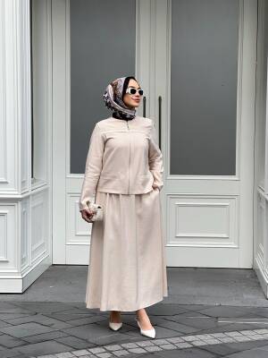 Mahza 8175 Modal Kumaş Dantel Detaylı Etek Takım Bej - Mahza