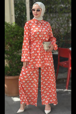 Mahza 8195 İpek Saten Bol Paça Pantolon Takım Turuncu - Mahza