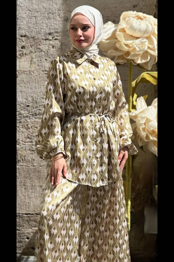 Mahza 8195 İpek Saten Bol Paça Pantolon Takım Yağ Yeşili - 1