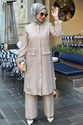Mahza 8196 Yumuşak Keten Kumaş Tesettür Pantolon Takım Bej - 1