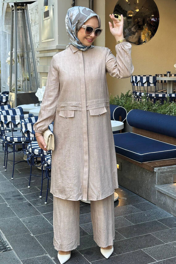 Mahza 8196 Yumuşak Keten Kumaş Tesettür Pantolon Takım Bej - 1