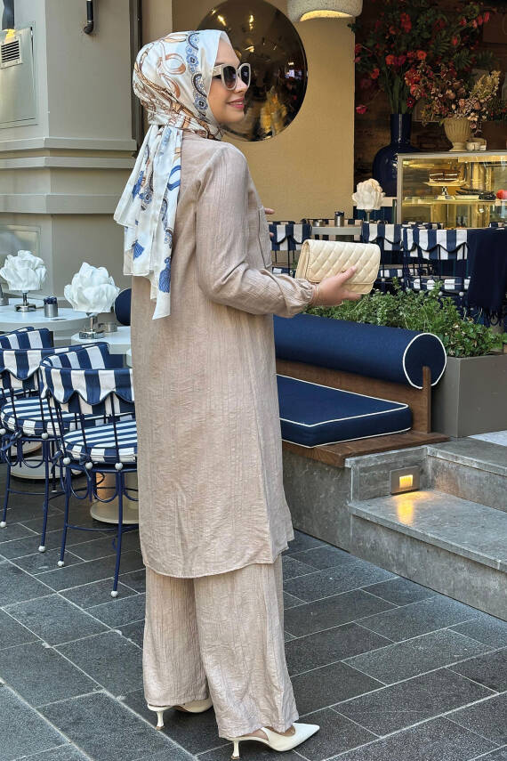 Mahza 8196 Yumuşak Keten Kumaş Tesettür Pantolon Takım Bej - 2