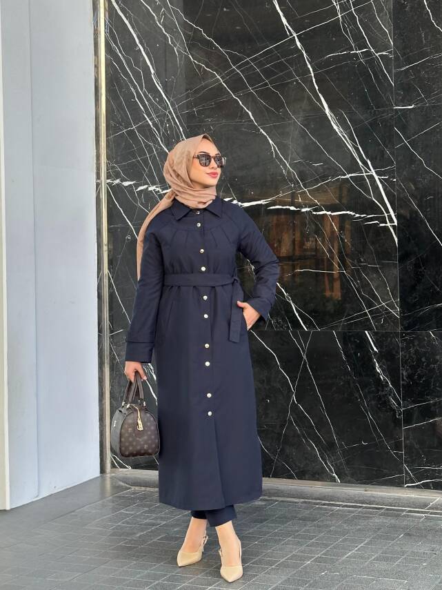 Mahza Astarlı Mevsimlik Yeni Sezon Trençkot 7647 Lacivert - 1