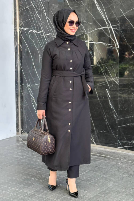 Mahza Astarlı Mevsimlik Yeni Sezon Trençkot 7647 Siyah - 1