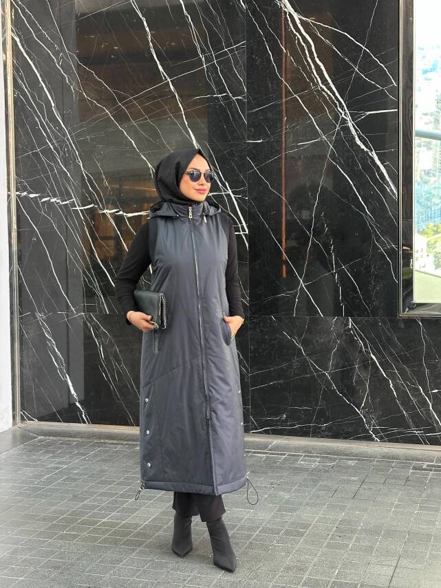 Mahza Çıkarılabilir Kapüşonlu Astarlı 120 cm Yeni Sezon Yelek 7655 Siyah - 1