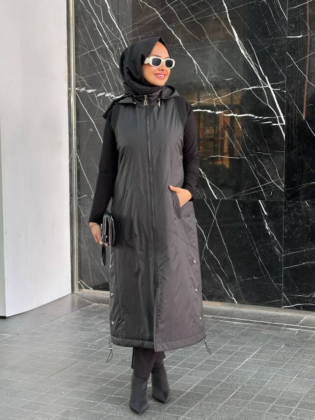 Mahza Çıkarılabilir Kapüşonlu Astarlı 120 cm Yeni Sezon Yelek 7655 Siyah - 2