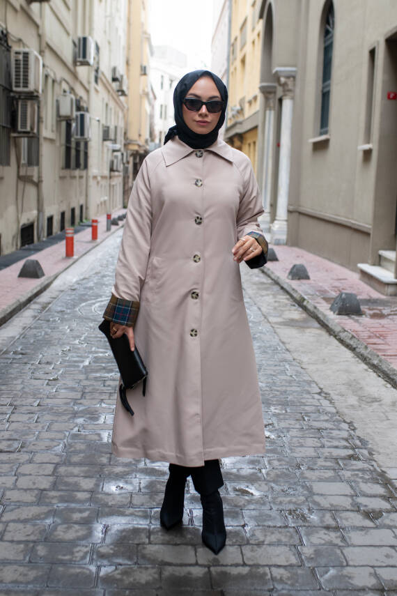 MAHZA EKOSE ASTAR DETAYLI YENİ SEZON 120 CM MEVSİMLİK TRENÇKOT 7667 BEJ - 2