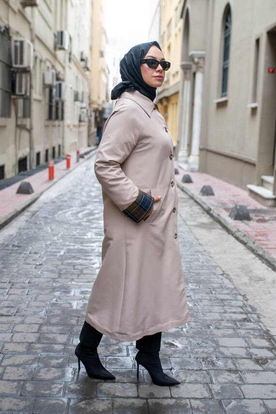 MAHZA EKOSE ASTAR DETAYLI YENİ SEZON 120 CM MEVSİMLİK TRENÇKOT 7667 BEJ - 3