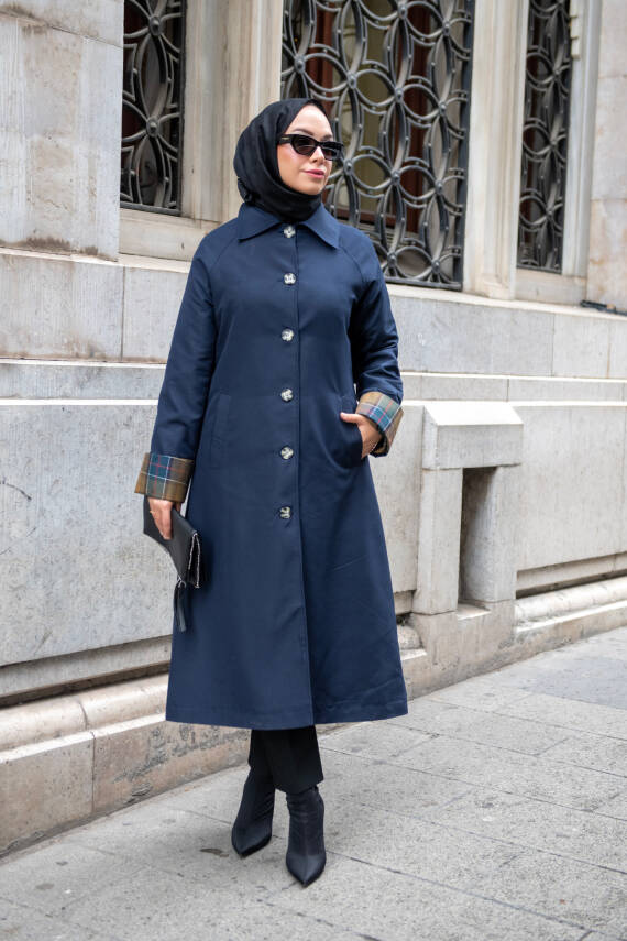 MAHZA EKOSE ASTAR DETAYLI YENİ SEZON 120 CM MEVSİMLİK TRENÇKOT 7667 LACİVERT - 1