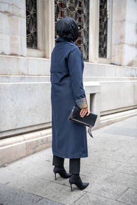 MAHZA EKOSE ASTAR DETAYLI YENİ SEZON 120 CM MEVSİMLİK TRENÇKOT 7667 LACİVERT - 2