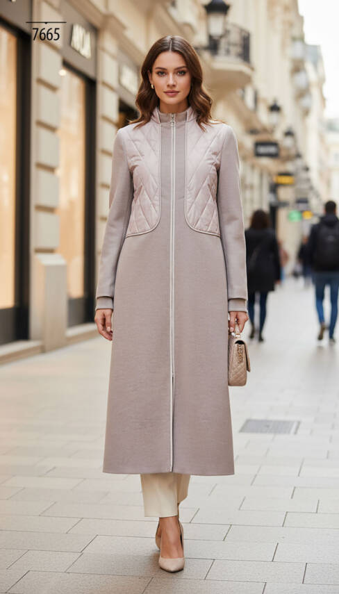 Mahza Kaşe Kumaş Astarlı Kapitone Detaylı 120 cm Kaban 7665 Açık Kahve - 1